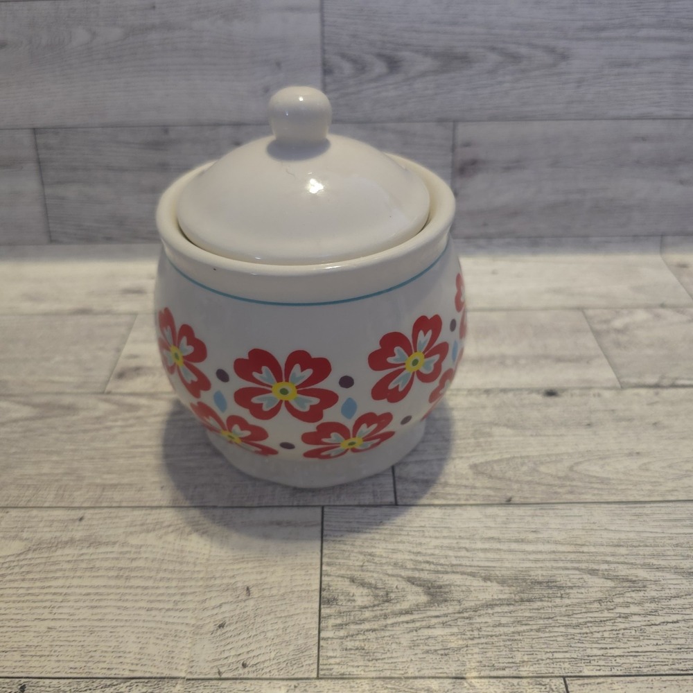 Pioneer Woman Stoneware Retro Flea Market Sugar Bowl & Lid Red Floral Canister